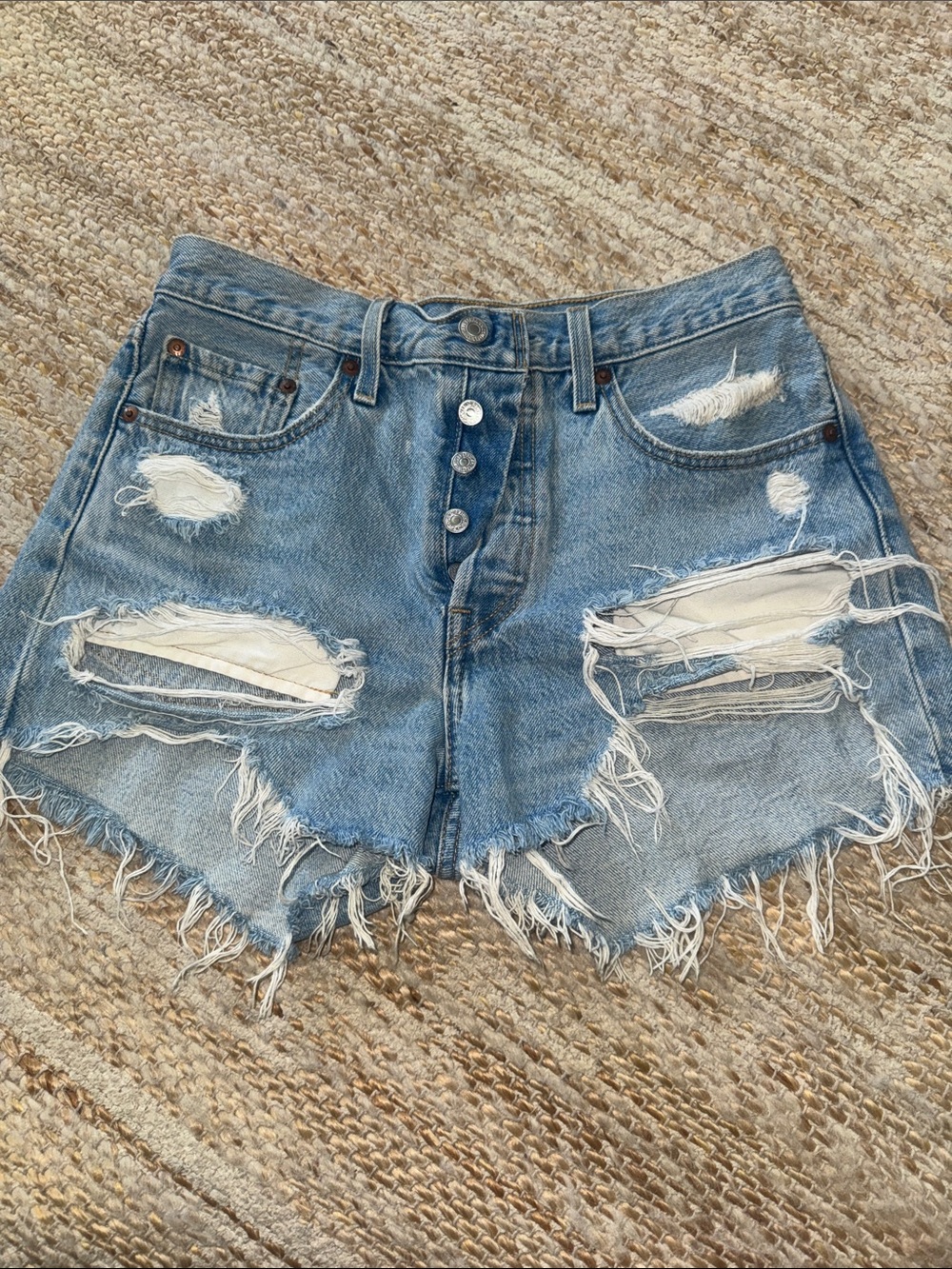 Levi's Light Blue Distressed Button-Fly Denim Shorts